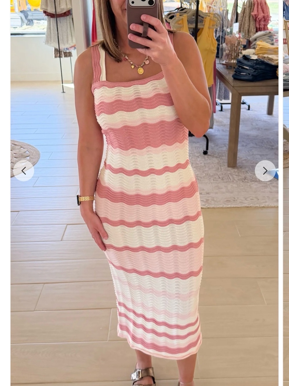 Sleeveless Pink & White Striped Knit Midi Dress